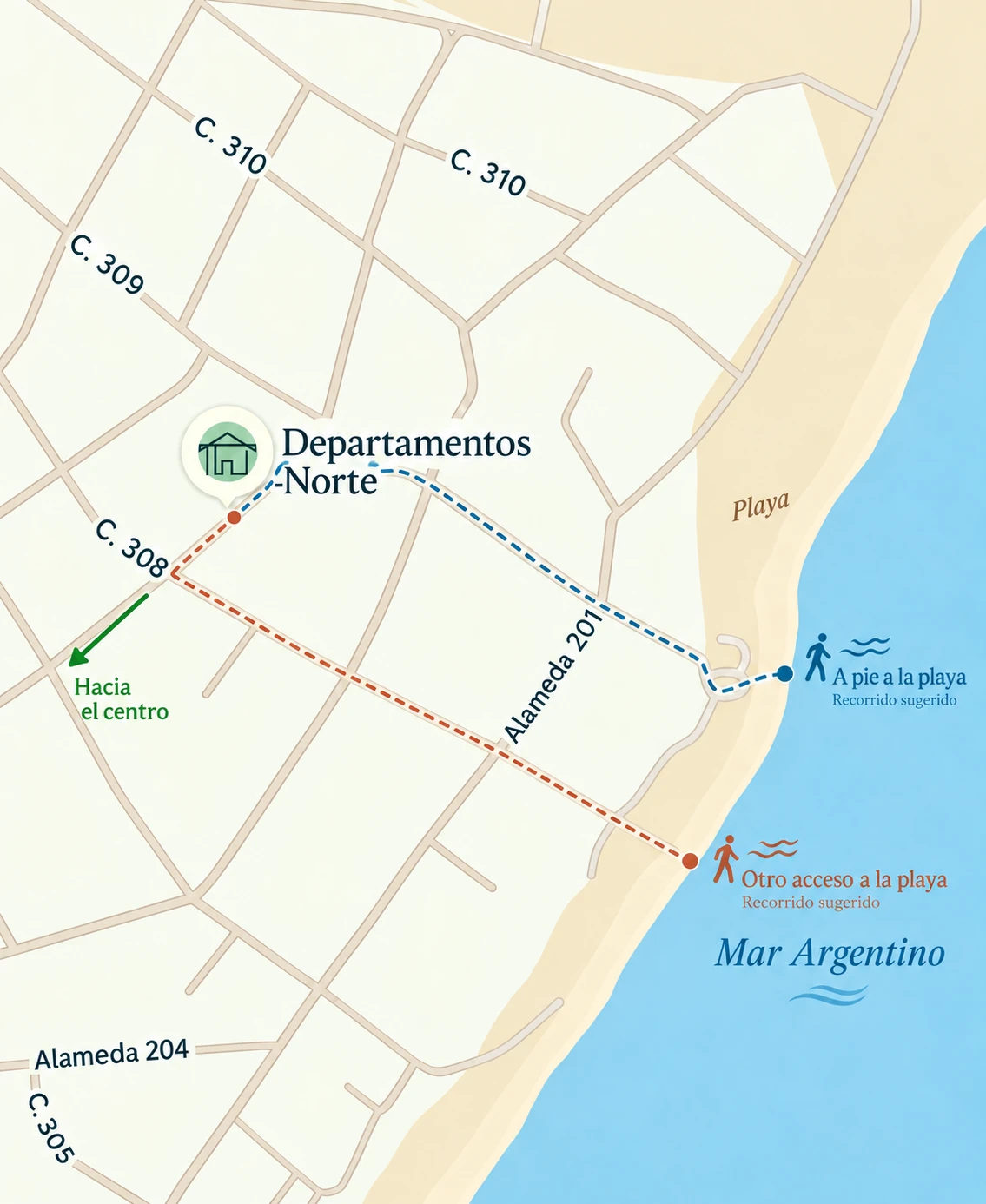 Mapa de recorridos sugeridos a pie desde Departamentos Norte hacia la playa y dirección al centro